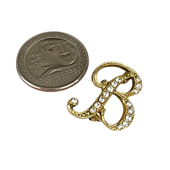 Gold-Tone "B" Initial Brooch Pin With Rhinestone Accents Textured Design - Picture 5 of 7